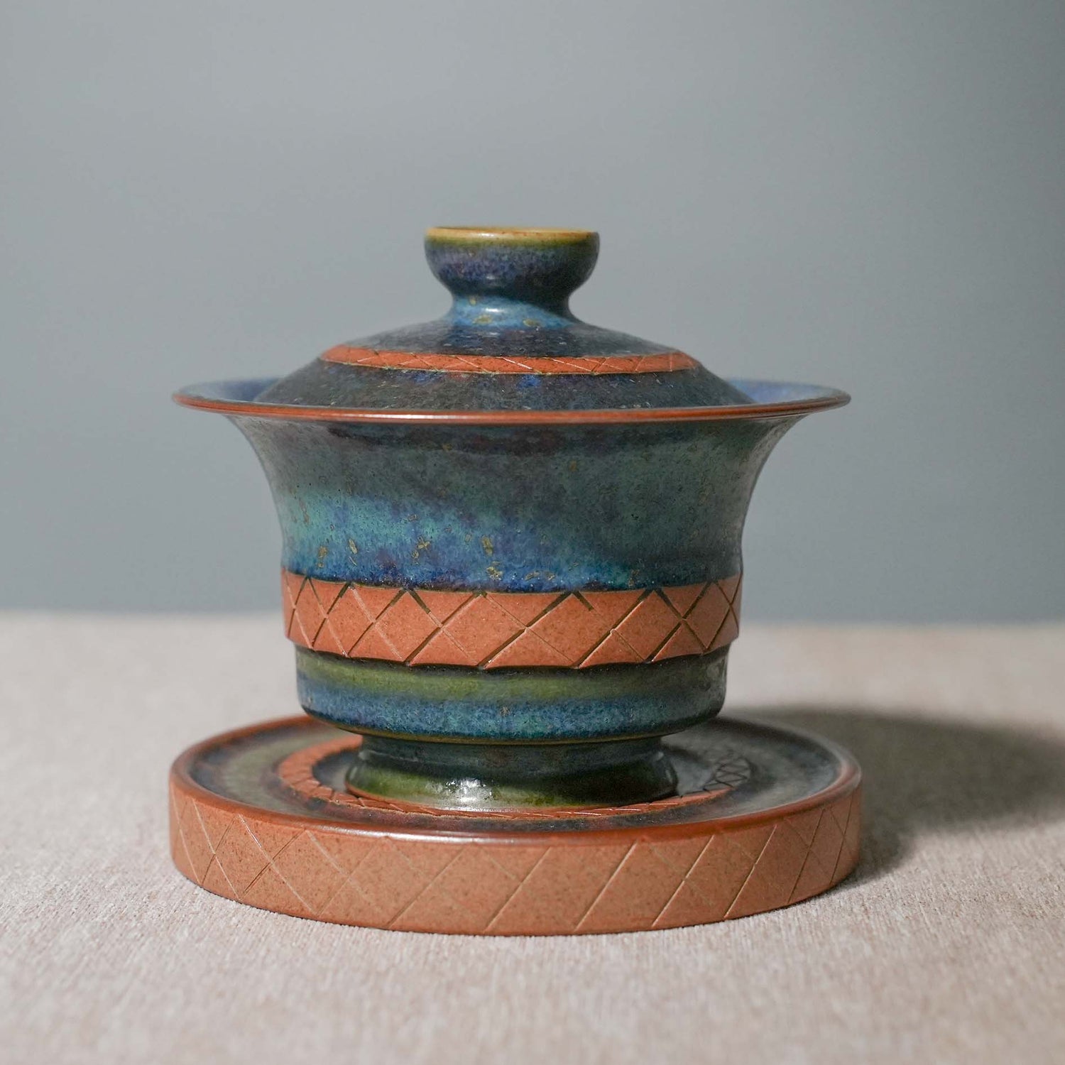 【 One of a Kind】Handmade Jun ware Gaiwan- diamond pattern peacock blue glaze-120ml