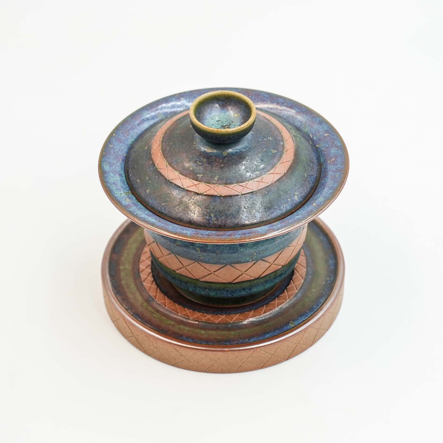 【 One of a Kind】Handmade Jun ware Gaiwan- diamond pattern peacock blue glaze-120ml