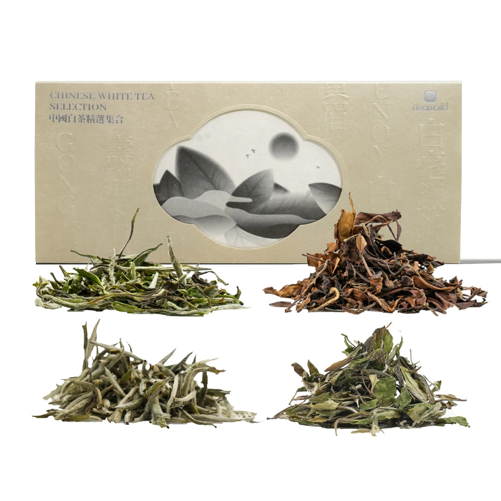 Chinese White Tea Collection Authentic Fuding White Tea with 4 Grades: Includes Silver Needle, White Peony, 2-Year-Old Shou Mei, and 10-Year-Aged Shou Mei.