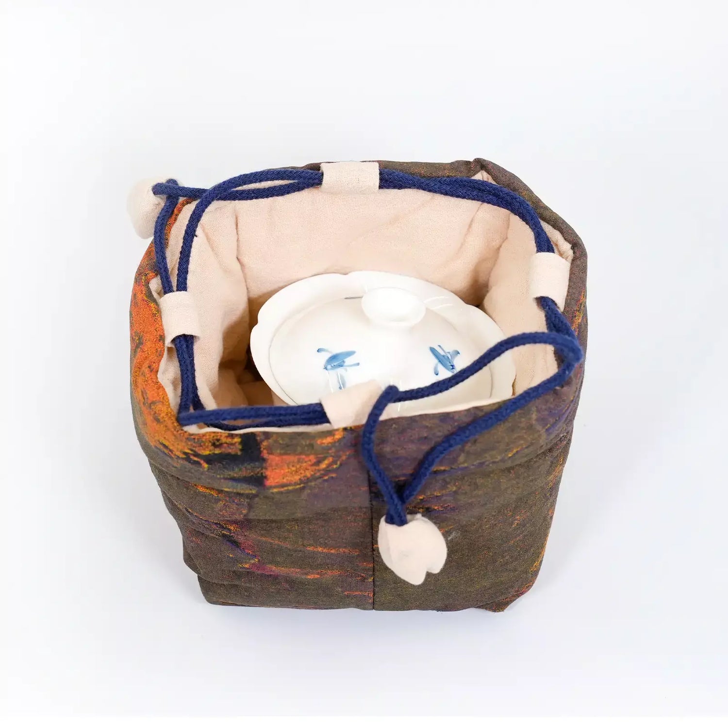 Abstract Landscape Fabric Teapot & Teacup Bag Set (3 Pieces) — Padded Travel Teaware Storage Case