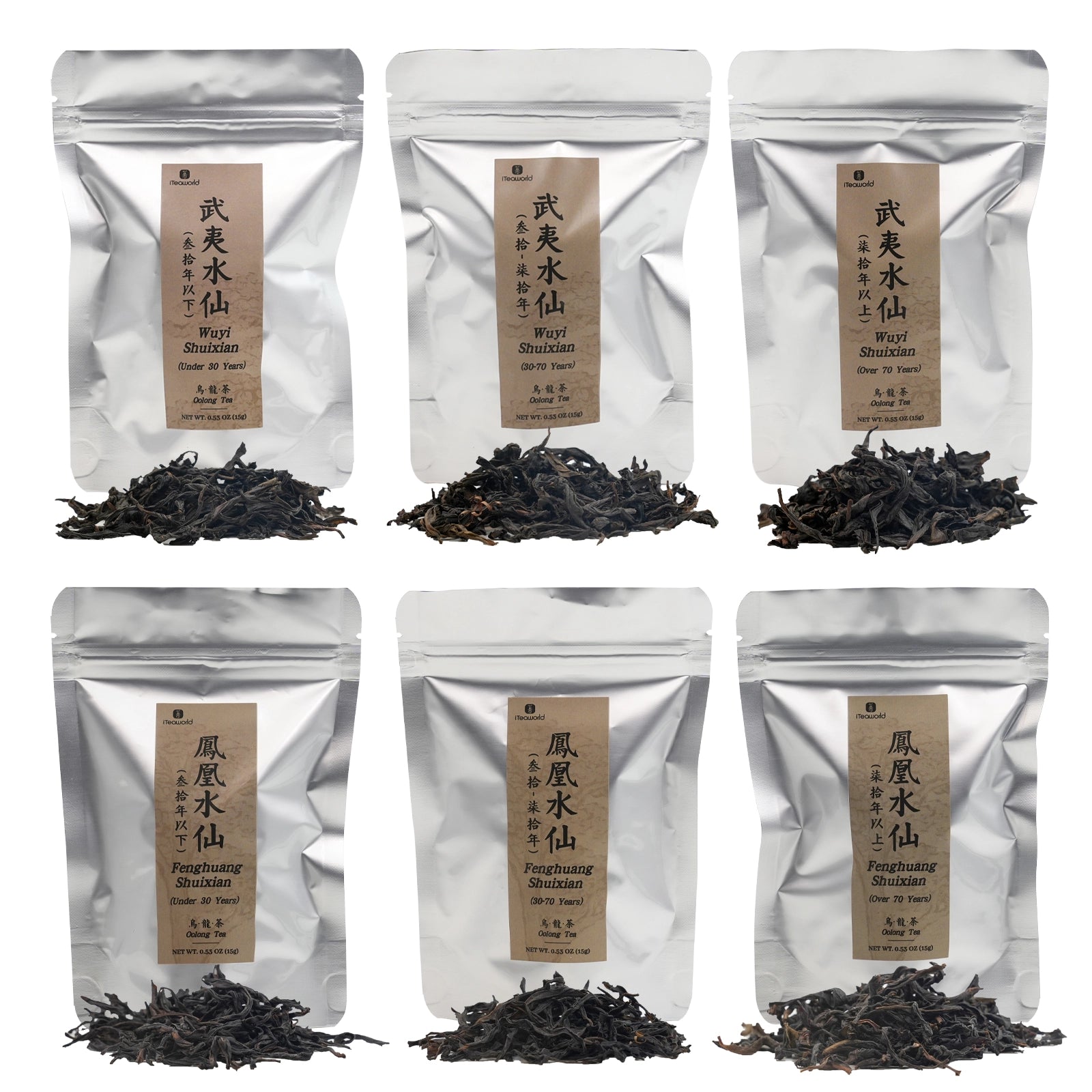 Shuixian Oolong Collection by Tree Ages（Under 30 Years&30-70 Years&Over 70 Years），Includes three varieties of Phoenix Dancong tea and three varieties of Wuyi Rock Oolong tea.