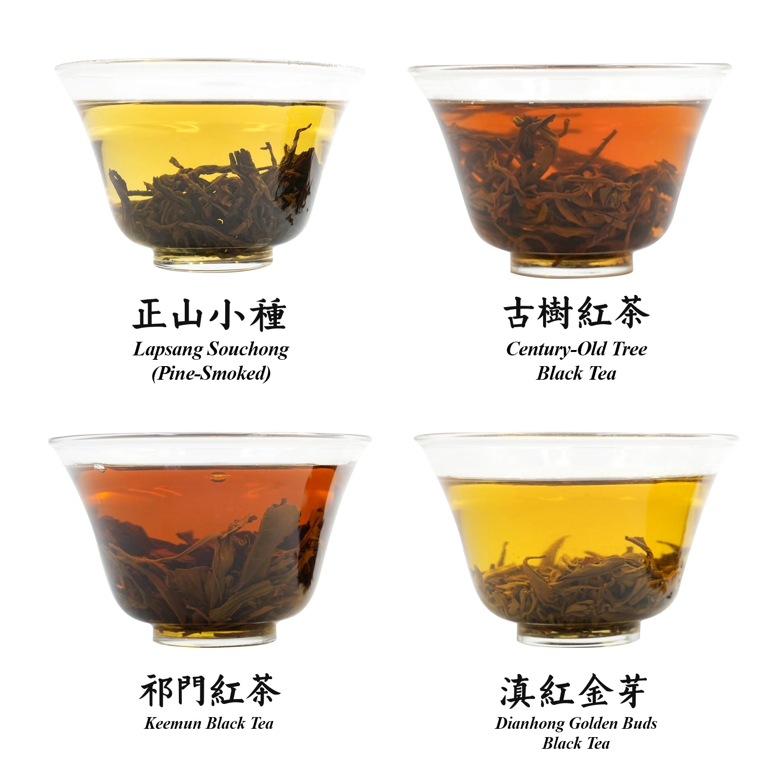 Chinese Black Tea Collection Featuring 4 iconic teas from their authentic origins, including Wuyi Zhengshan Xiaozhong and Keemun Black Tea.