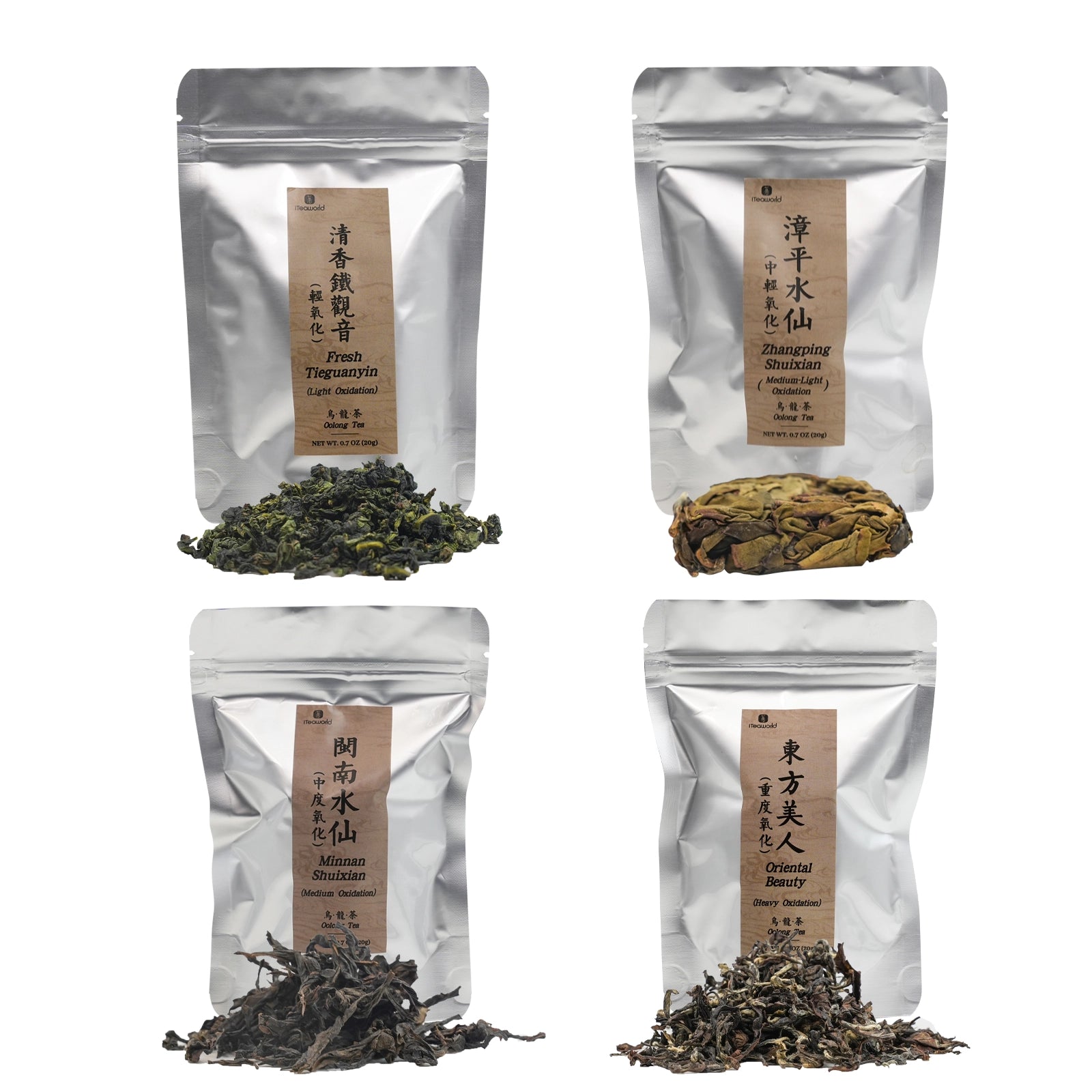 Oolong Collection by Oxidation Levels （Fresh Tieguanyin，Zhangping Shuixian，Minnan Shuixian，Oriental Beauty）