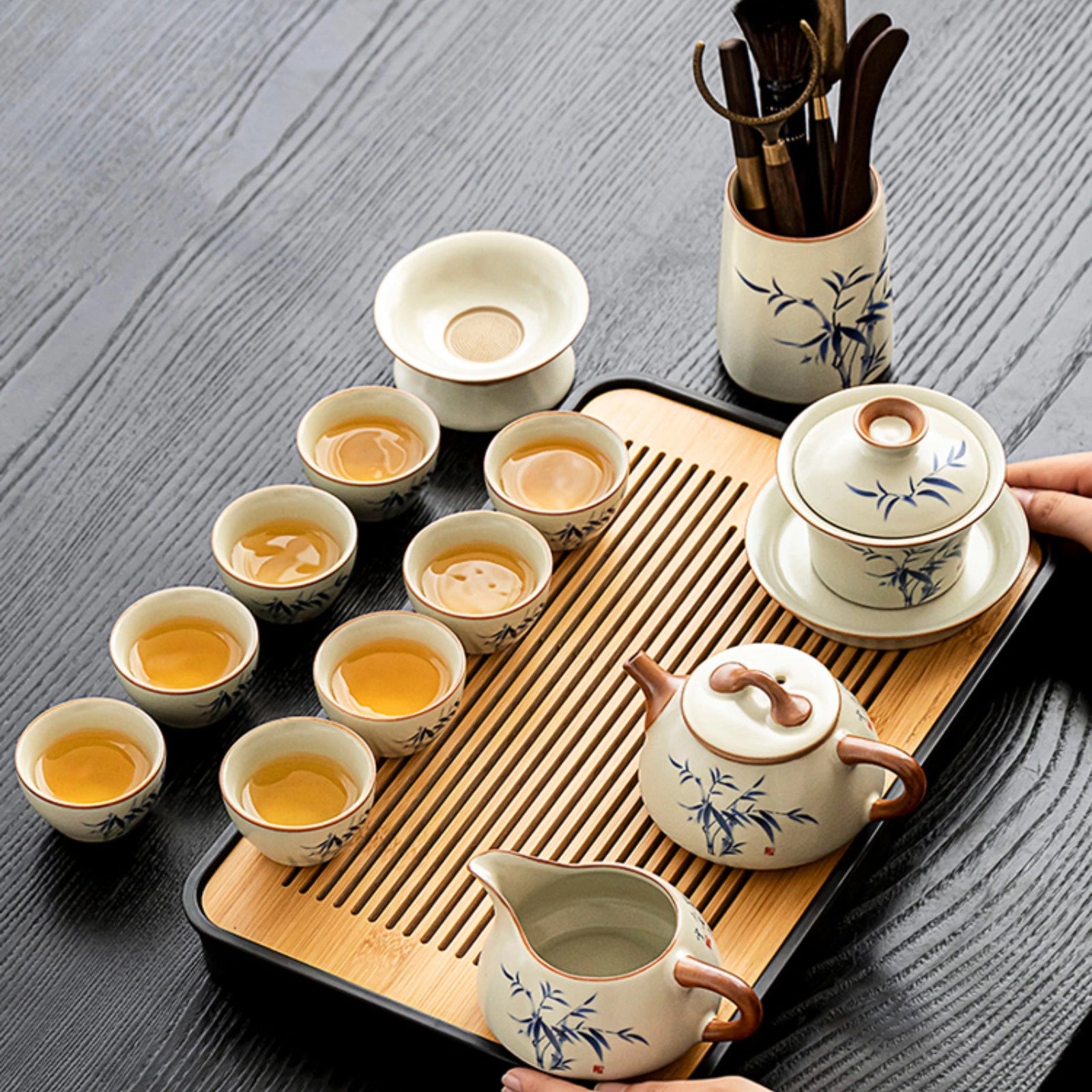 Tang Feng Ru Kiln Bamboo Charm Tea Set (includes: lidded bowl, fair cup, tasting cups, tea strainer set, tea utensil caddy, tea tray)