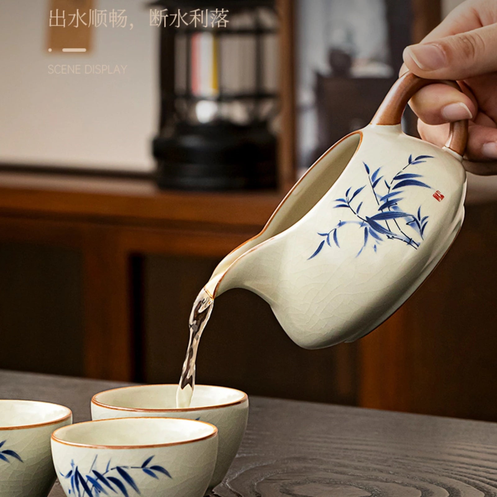 Tang Feng Ru Kiln Bamboo Charm Tea Set (includes: lidded bowl, fair cup, tasting cups, tea strainer set, tea utensil caddy, tea tray)