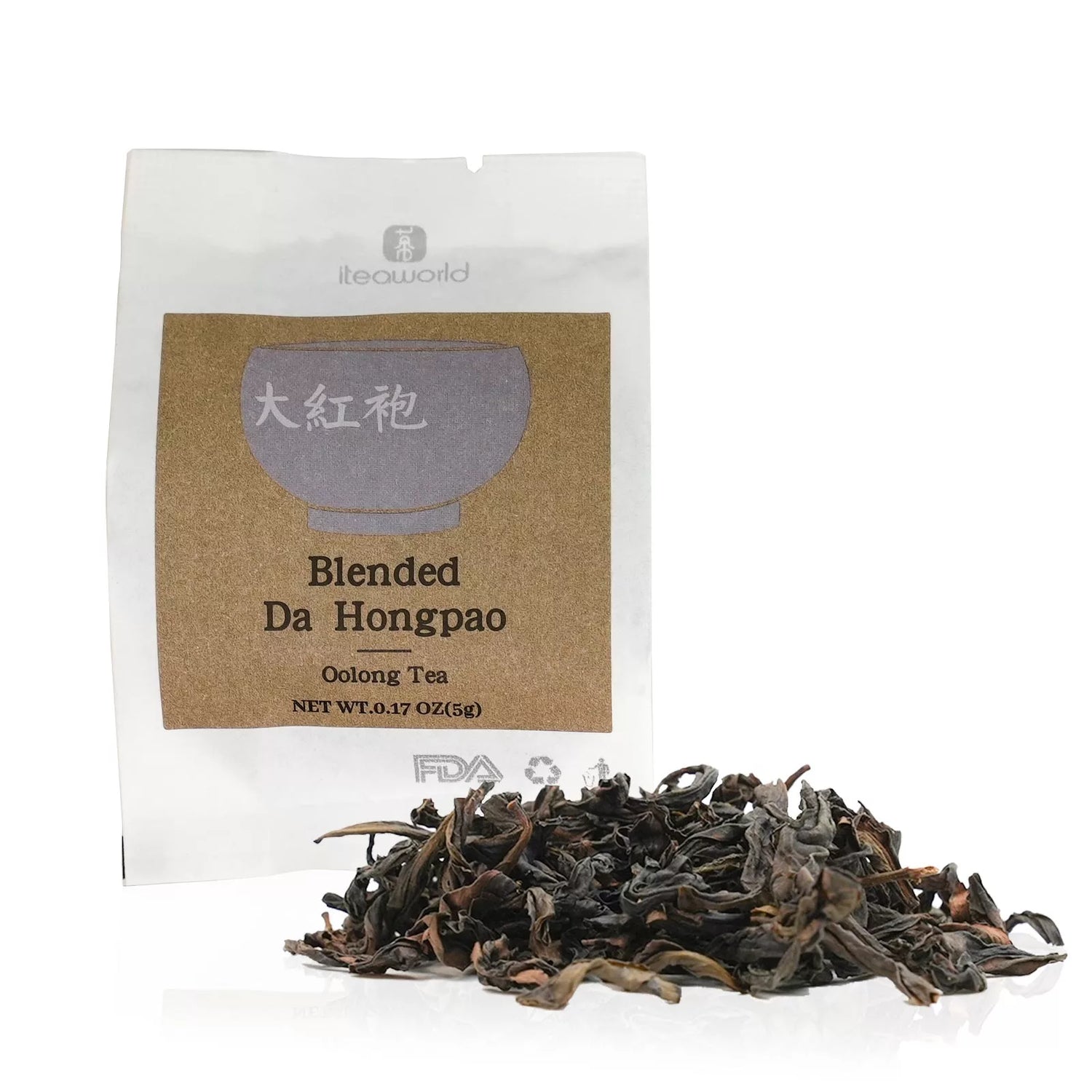 Tea package labeled 'Blended Da Hongpao' with loose tea leaves on a white background