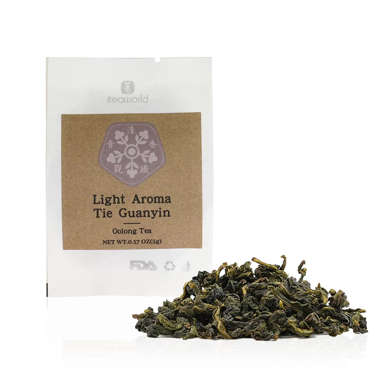 Tea package labeled 'Light Aroma Tie Guanyin' with a small pile of tea leaves in front on a white background