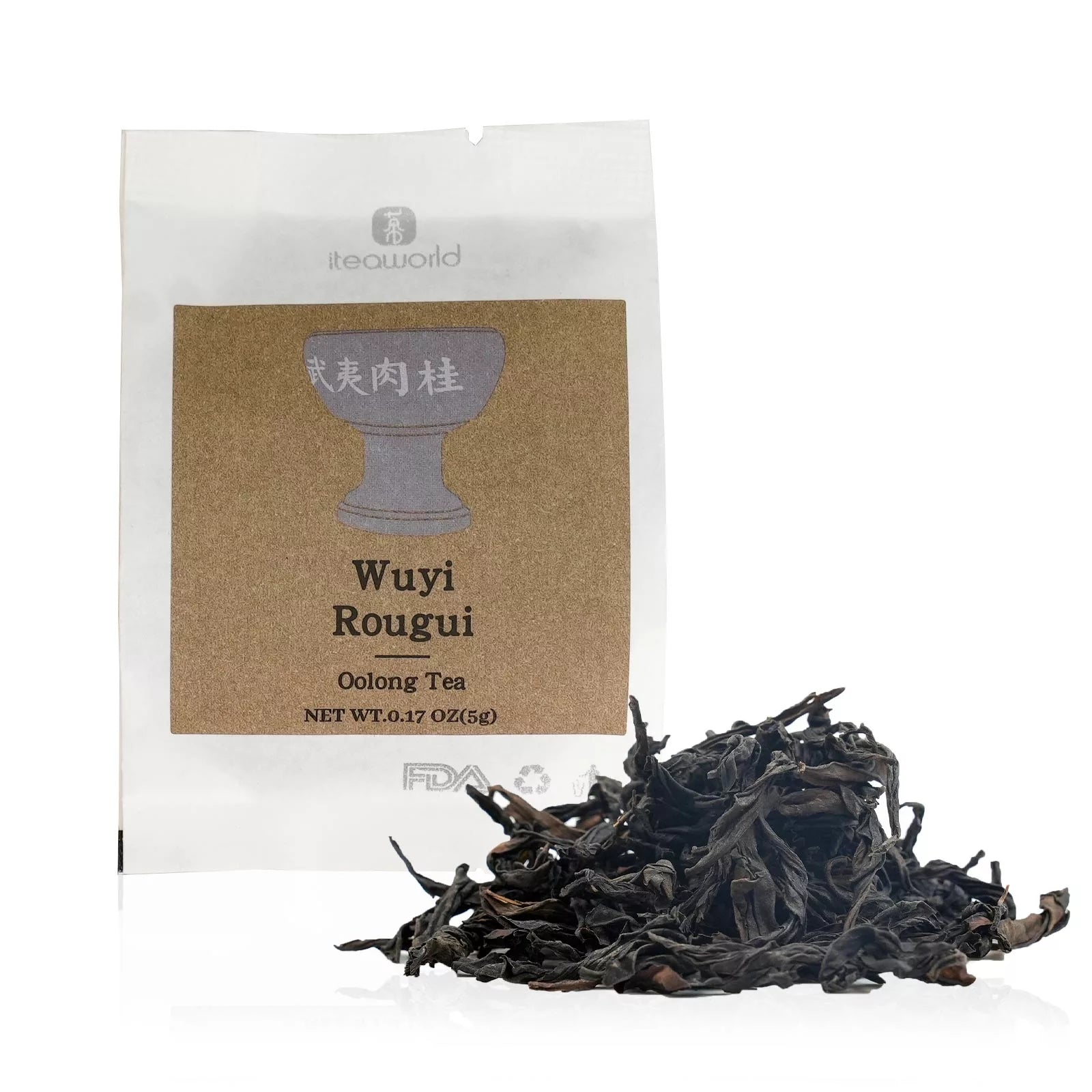 Rougui oolong tea package with loose tea leaves on a white background