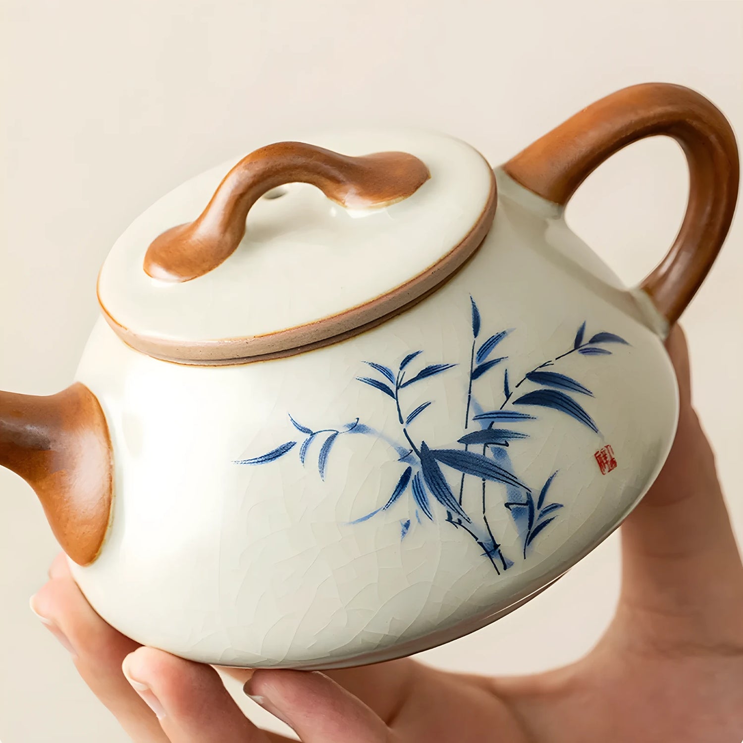 Ru Kiln / Ruyao Shipiao Teapot 230 mL – Crackle Glaze Porcelain Teapot with Bamboo Design